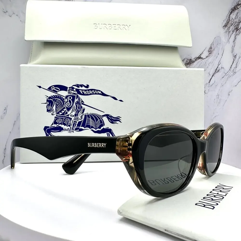 New Burberry Sunglasses Black Vintage Check Oval Gold Logo Womens New BURBERRY